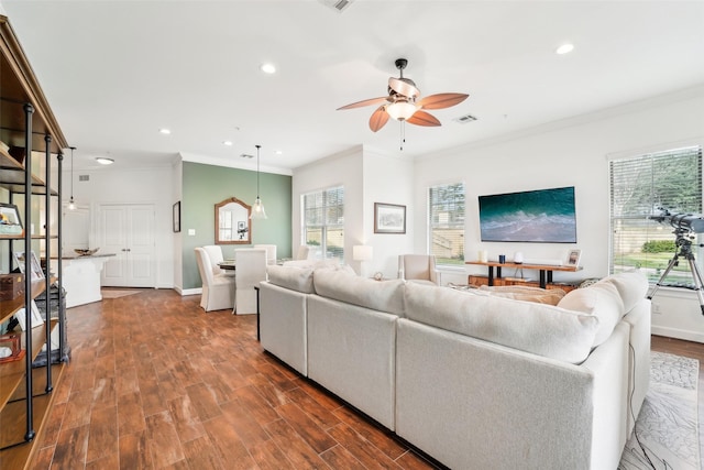 living room featuring ceiling fan, dark hardwood / wood-style floors, and ornamental molding