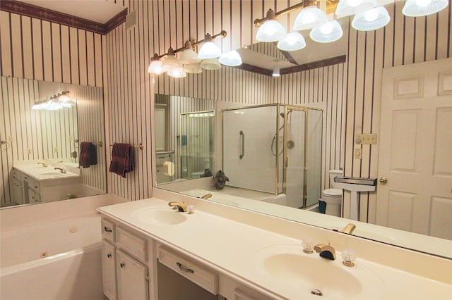 bathroom featuring shower with separate bathtub and vanity