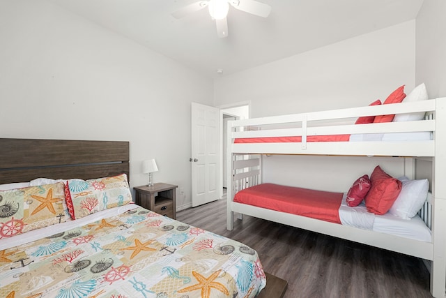 bedroom with dark wood-type flooring and ceiling fan