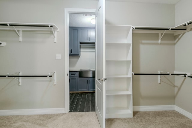 walk in closet featuring light carpet