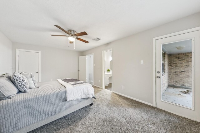 carpeted bedroom with ceiling fan and connected bathroom