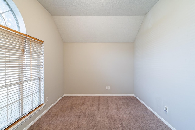 spare room featuring carpet floors, a textured ceiling, and lofted ceiling