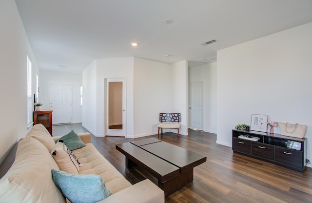 living room with dark hardwood / wood-style floors