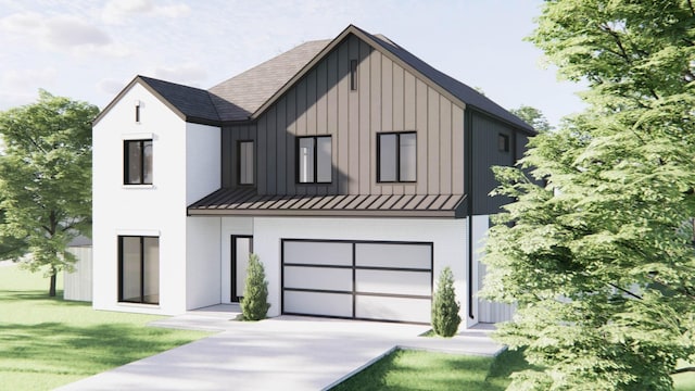 modern farmhouse featuring a garage and a front yard