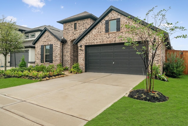 view of front of property with a front lawn and a garage