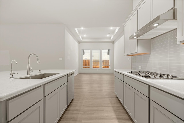 kitchen with under cabinet range hood, a sink, light wood-style floors, appliances with stainless steel finishes, and a raised ceiling