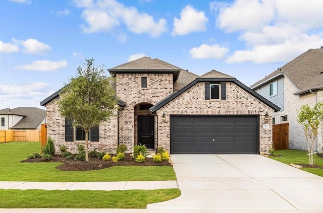 french country style house with an attached garage, brick siding, fence, driveway, and a front yard