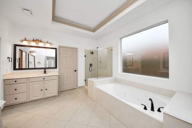 bathroom with a raised ceiling, tile patterned floors, shower with separate bathtub, crown molding, and vanity