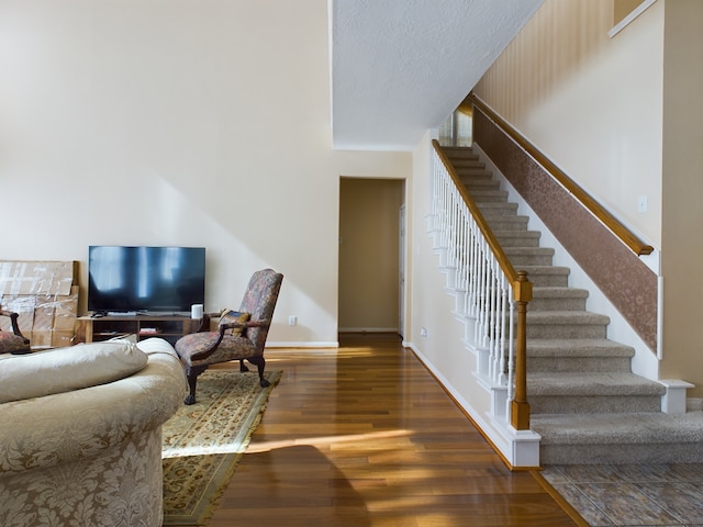 living room with dark hardwood / wood-style flooring