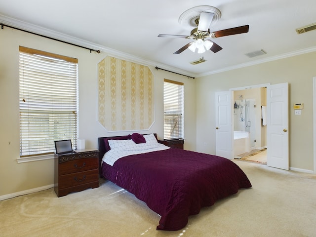 carpeted bedroom featuring ceiling fan, connected bathroom, and crown molding