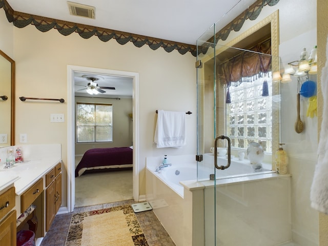 bathroom featuring ceiling fan, tile patterned floors, vanity, and independent shower and bath