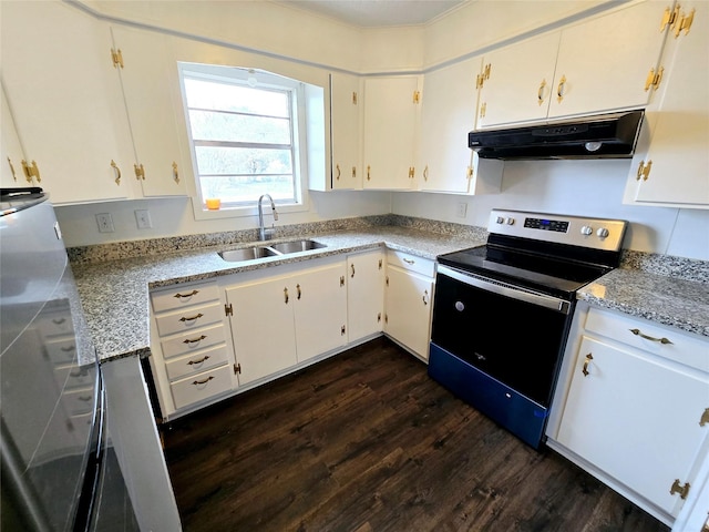 kitchen with under cabinet range hood, a sink, white cabinets, electric stove, and dark wood-style floors