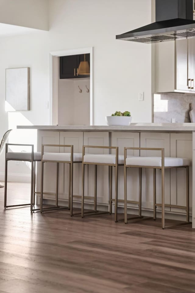 kitchen with white cabinets, decorative backsplash, dark wood-type flooring, and range hood