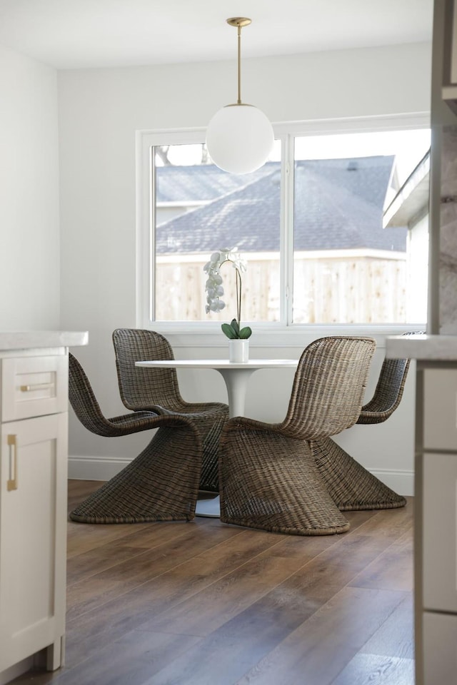 dining room with dark hardwood / wood-style flooring and a healthy amount of sunlight