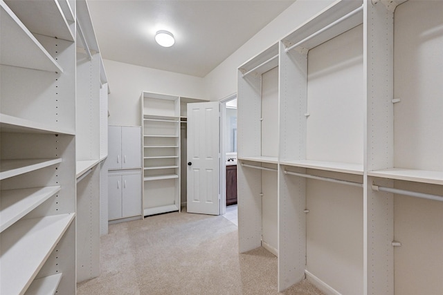 walk in closet featuring light carpet