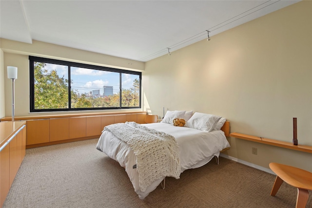 bedroom with light carpet