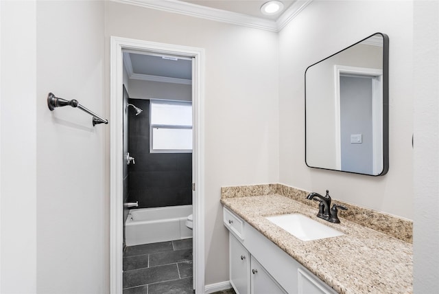 full bathroom with shower / bathing tub combination, toilet, vanity, and ornamental molding