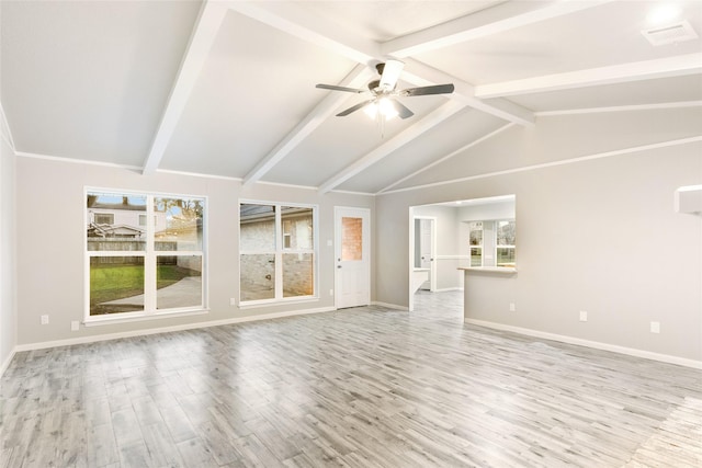 unfurnished living room featuring ceiling fan, light hardwood / wood-style flooring, and lofted ceiling with beams