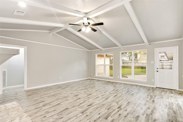 unfurnished living room featuring light hardwood / wood-style floors, ceiling fan, and vaulted ceiling with beams