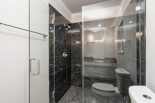 bathroom with toilet, ornamental molding, and an enclosed shower