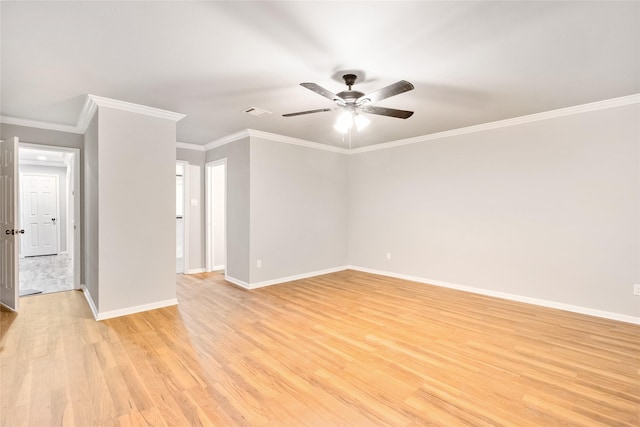 unfurnished room with ceiling fan, crown molding, and light hardwood / wood-style floors