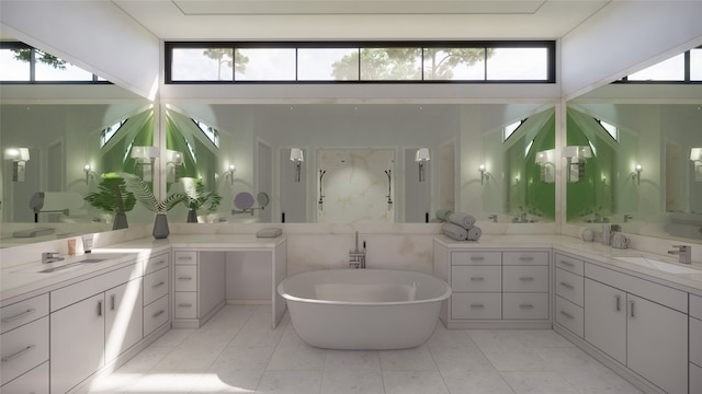 bathroom featuring vanity, tile patterned flooring, plenty of natural light, and a bath