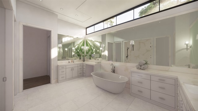 bathroom featuring a wealth of natural light, tile patterned floors, vanity, and separate shower and tub