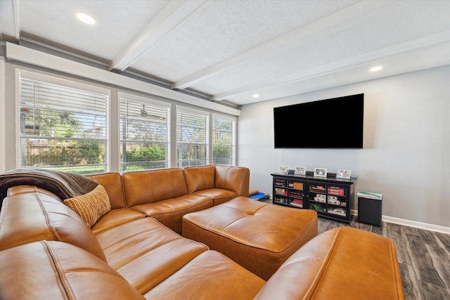 living room with a wealth of natural light, dark hardwood / wood-style flooring, beam ceiling, and a textured ceiling