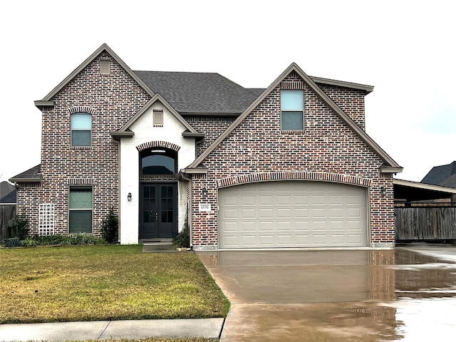 view of front of home featuring a garage and a front lawn