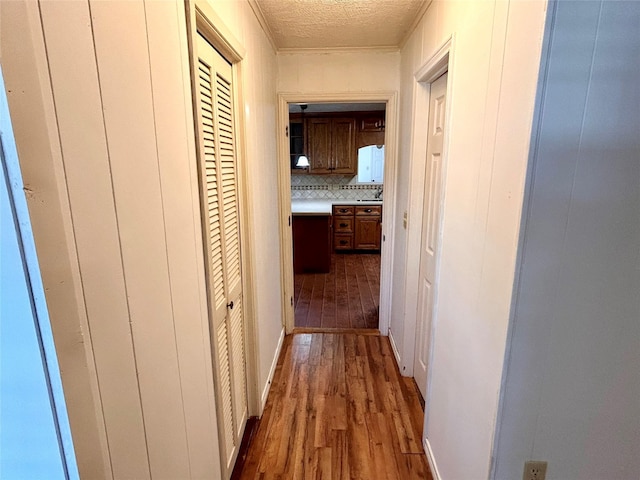 hallway with a textured ceiling and dark hardwood / wood-style flooring