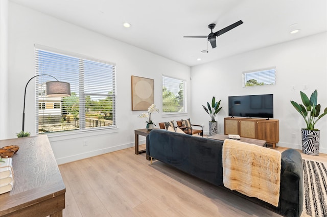 living room with ceiling fan and light wood-type flooring