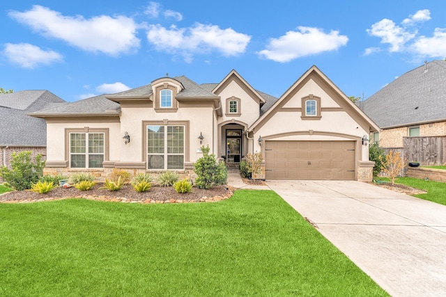 french country inspired facade featuring a garage and a front yard