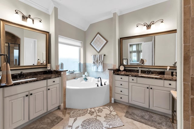 bathroom featuring a wealth of natural light, vanity, and crown molding