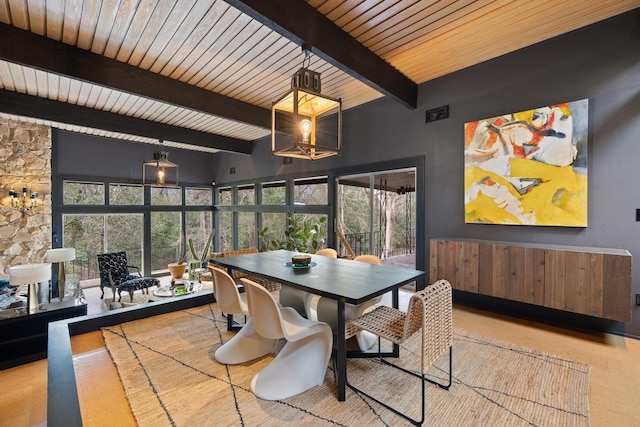 dining room with wood ceiling and beamed ceiling