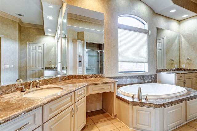 bathroom featuring ornamental molding, tile patterned floors, separate shower and tub, and vanity