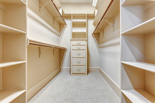 walk in closet featuring light carpet