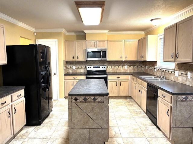 kitchen featuring sink, crown molding, a kitchen island, decorative backsplash, and black appliances