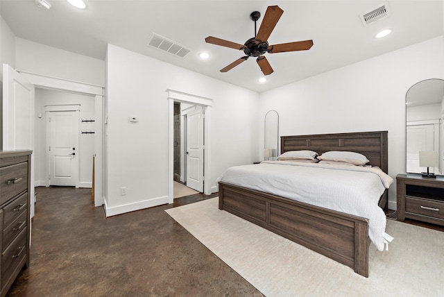 bedroom with ceiling fan and ensuite bath