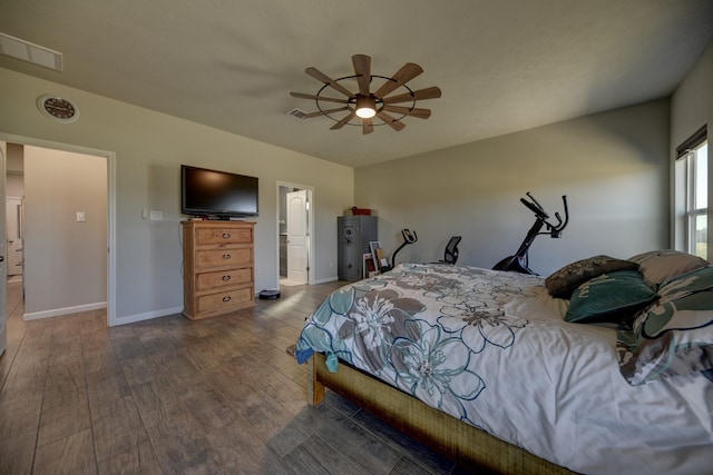 bedroom featuring hardwood / wood-style flooring and ceiling fan