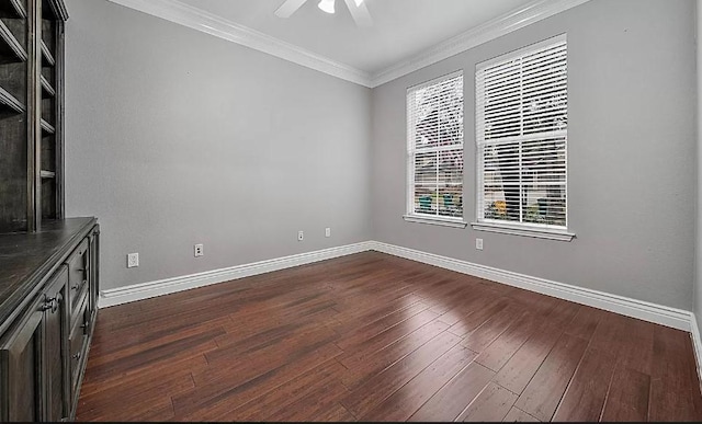 interior space featuring ceiling fan, dark hardwood / wood-style flooring, and ornamental molding