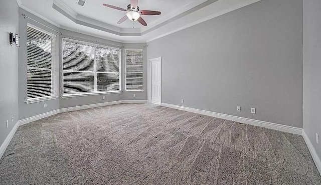 spare room with crown molding, carpet, and a tray ceiling