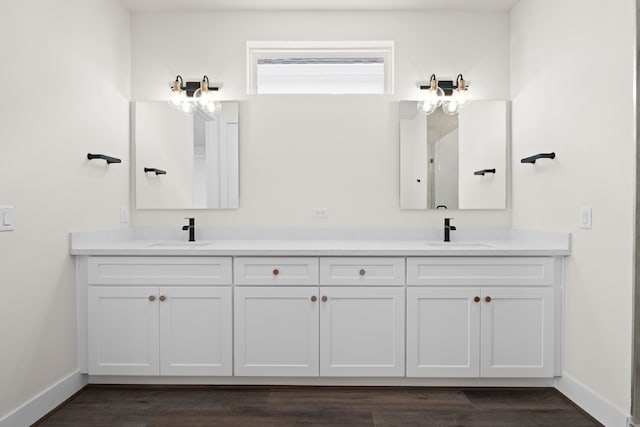 bathroom with vanity and wood-type flooring