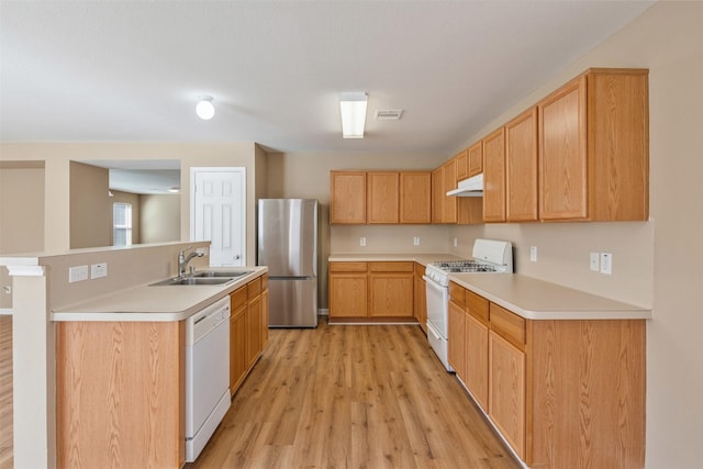 kitchen with sink, white appliances, and light hardwood / wood-style floors