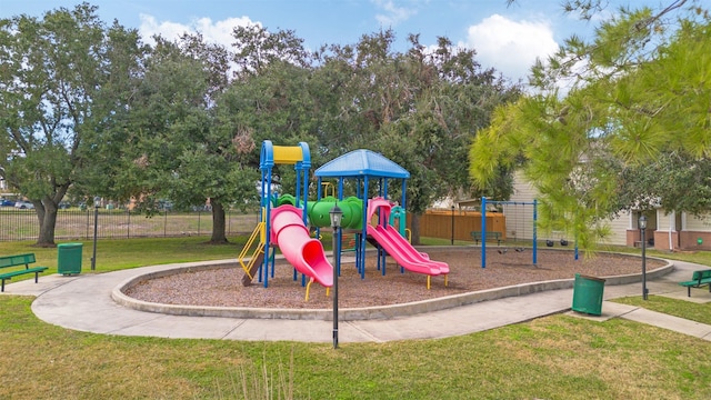 view of play area featuring a lawn