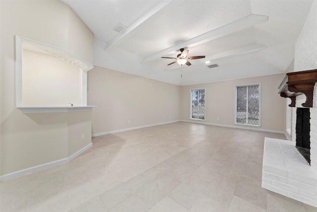 unfurnished living room featuring a brick fireplace and ceiling fan