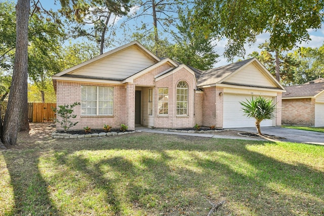 single story home with a garage and a front yard