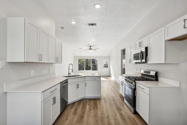 kitchen featuring ceiling fan, white cabinets, appliances with stainless steel finishes, and sink