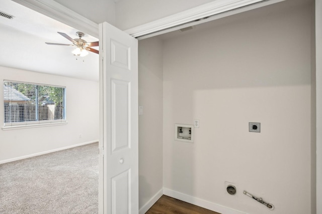 clothes washing area with ceiling fan, washer hookup, hookup for an electric dryer, and gas dryer hookup