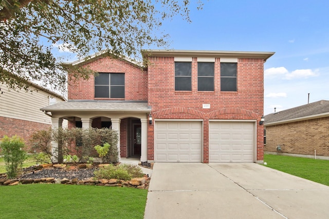 front facade with a garage and a front yard