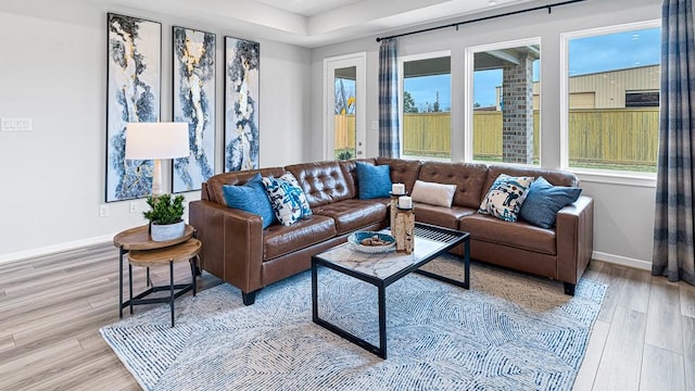 living area with baseboards and wood finished floors